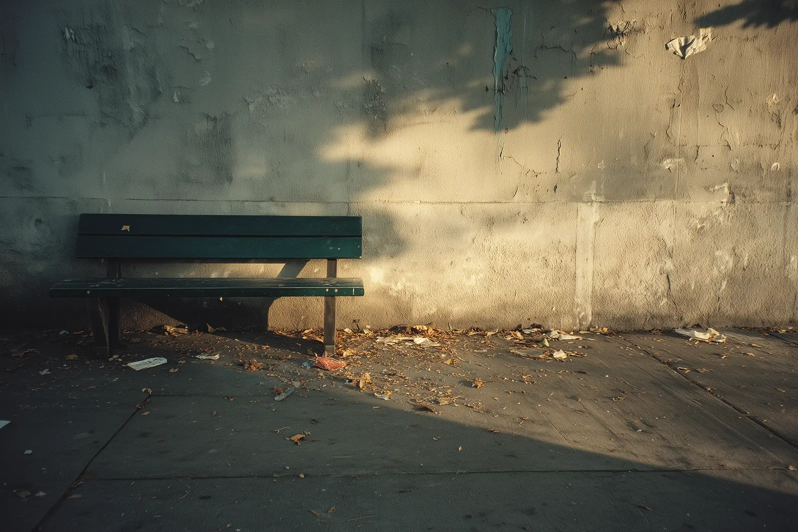 sennelier_An_empty_dark_green_bench_against_a_worn_painted_conc_21b9f2b4-c0e3-471c-bd83-ccb65ed6cd73 Kopie Integration psychedelischer Erfahrungen – stille Parkbank als Symbol für Innehalten und Verarbeiten